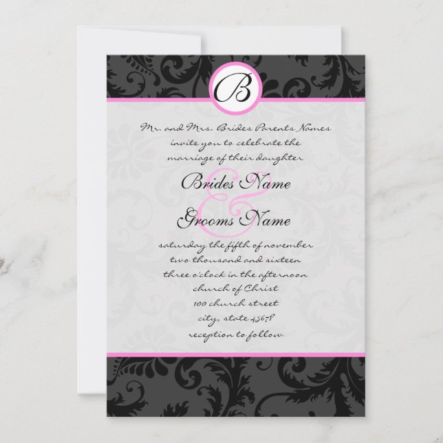 Black Damask Swirls Pink Trim Wedding Invitations (Front)