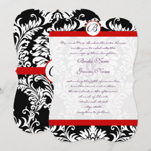 Black Damask Swirls Red Trim Purple Font Wedding Invitation