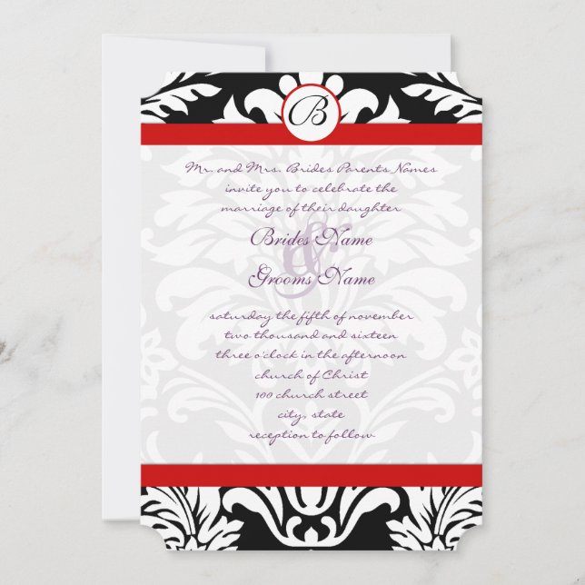 Black Damask Swirls Red Trim Purple Font Wedding Invitation (Front)