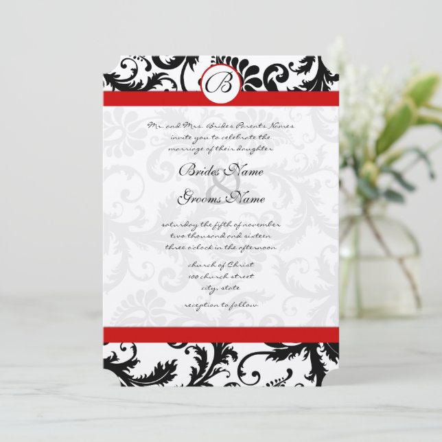 Black Damask Swirls Red Trim Wedding Invitation (Standing Front)
