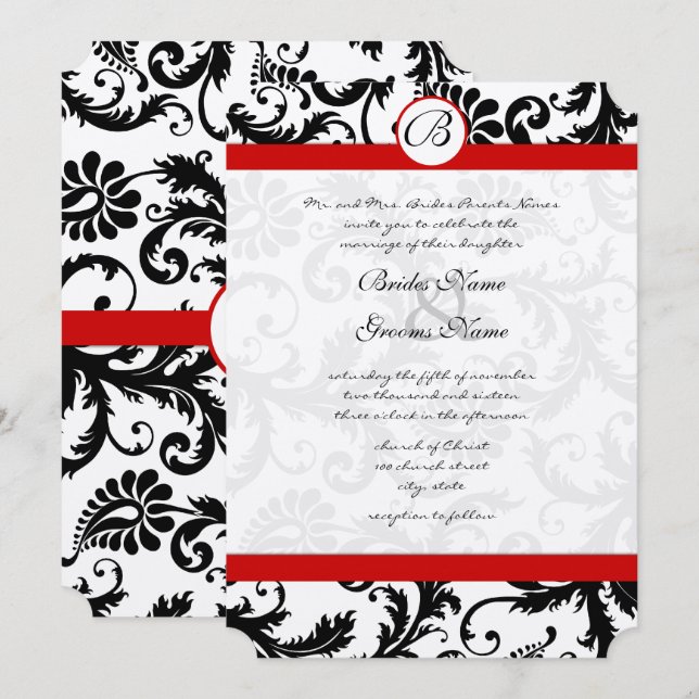 Black Damask Swirls Red Trim Wedding Invitation (Front/Back)