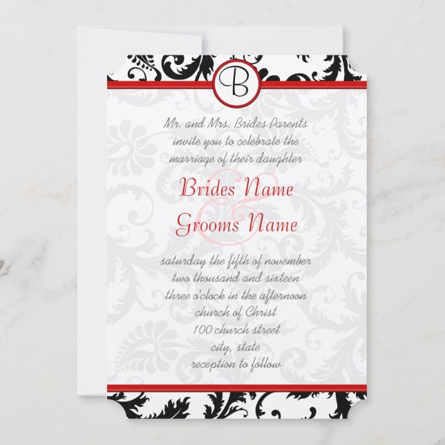 Black Damask Swirls Red Trim Wedding Invitations (Back)
