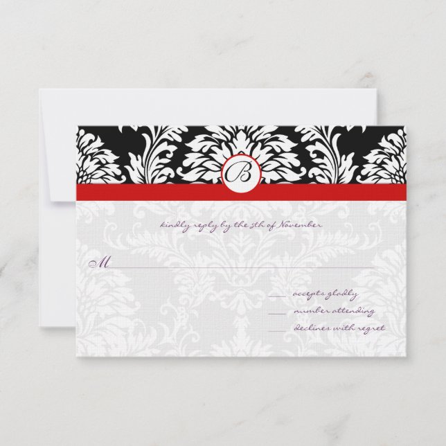Black Damask Swirls Red Trim Wedding RSVP (Front)