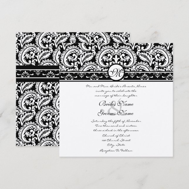 Black Damask Swirls Square Wedding Invitation (Front/Back)