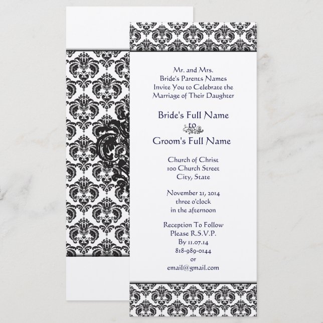 Black Damask Swirls Wedding Invitation (Front/Back)