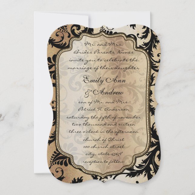 Black Damask Swirls Wedding Invitation (Front)