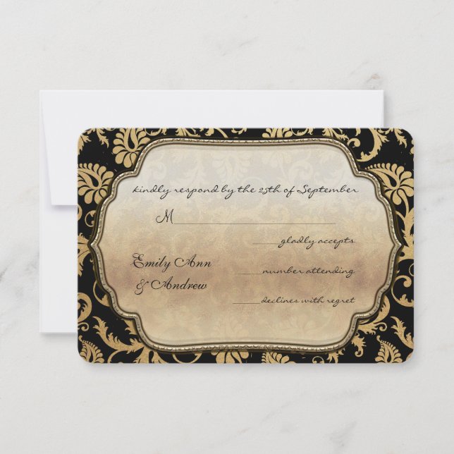 Black Damask Swirls Wedding RSVP Card (Front)