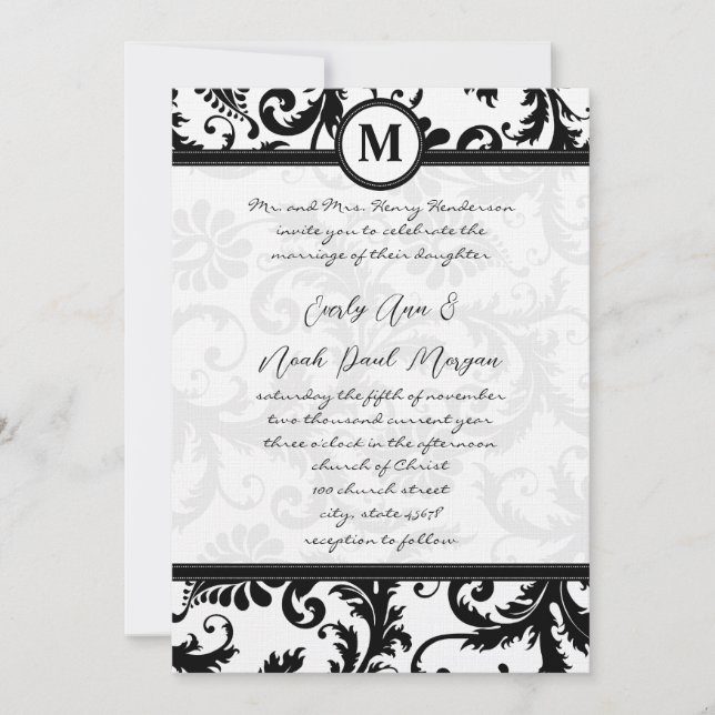 Black Damask Swirls with Dots Wedding Invitation (Front)