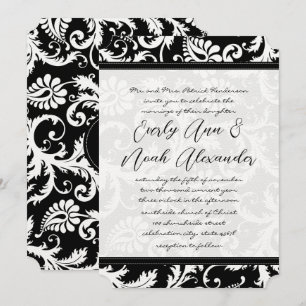 Black Damask Swirls with Dots Wedding Invitation
