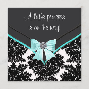 Black Damask Teal Blue Bow Princess Baby Shower Invitation