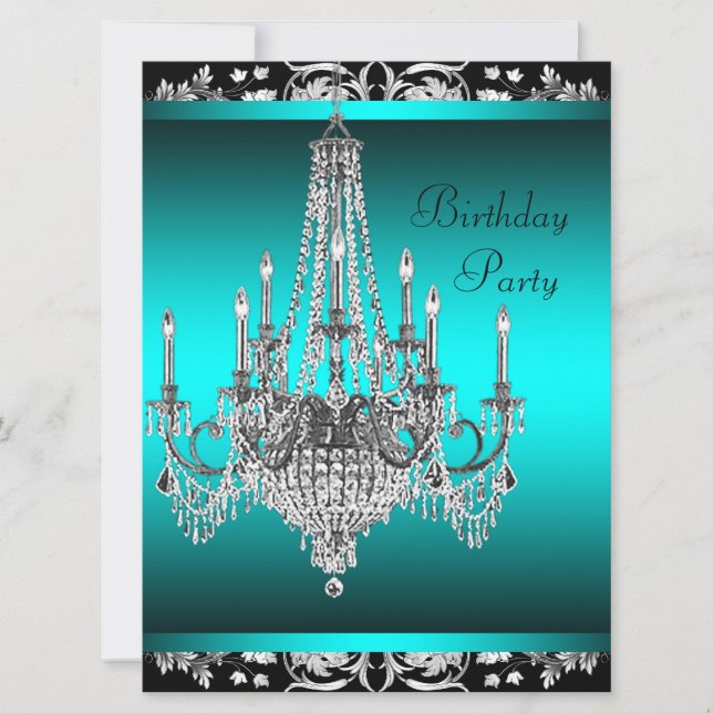 Black Damask Teal Blue Chandelier Birthday Party Invitation (Front)