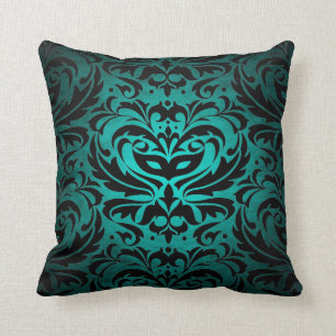 Black Damask Teal Scroll Reversible  Pillow