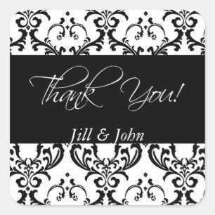Black Damask Thank You Wedding Favour Stickers