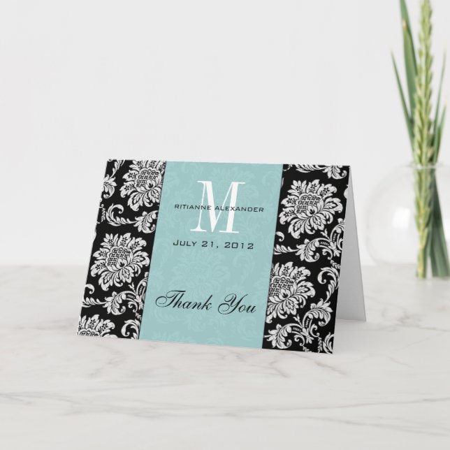 Black Damask Tiffany Monogram Wedding Thank You Card (Front)