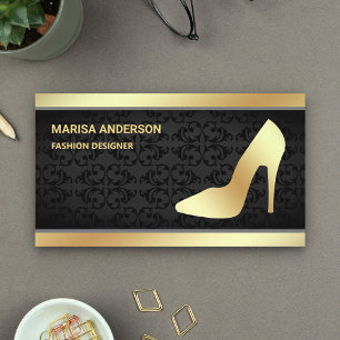 Black Damask Trendy Gold Foil High Heels Stilettos Business Card