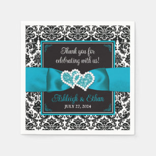 Black Damask, Turquoise Love Hearts Wedding Napkin