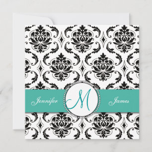 Black Damask Turquoise Monogram Wedding Invitation