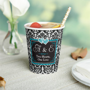 Black Damask, Turquoise Two Hearts, One Love Paper Cups