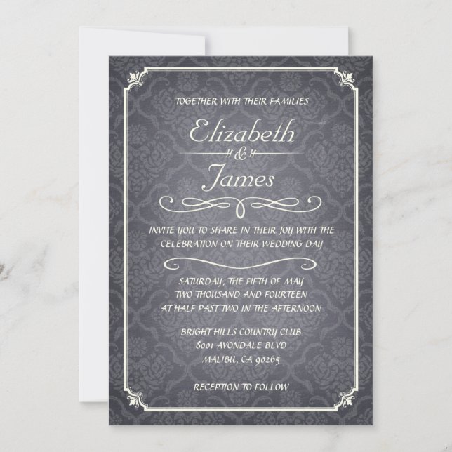 Black Damask Vintage Chalkboard Wedding Invitation (Front)
