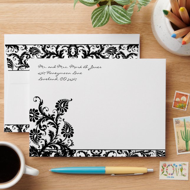 Black Damask Wedding Envelopes Black Inside (Desk)