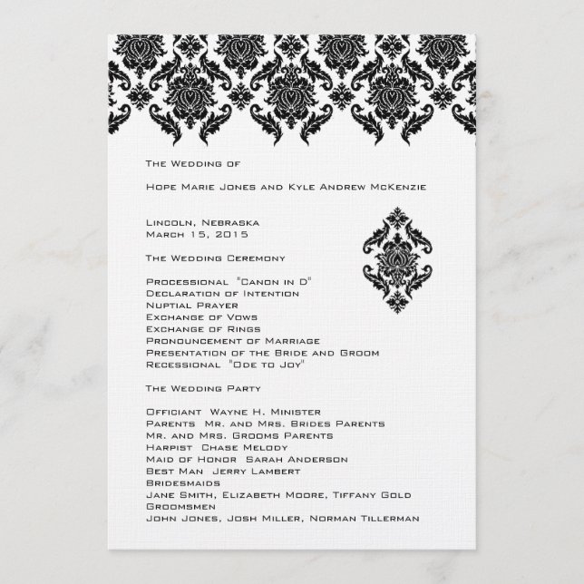 Black Damask  Wedding Program Programme (Front)