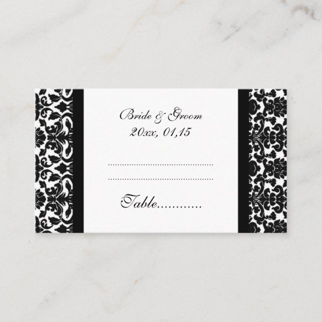 Black Damask Wedding Table Place Setting Cards (Front)
