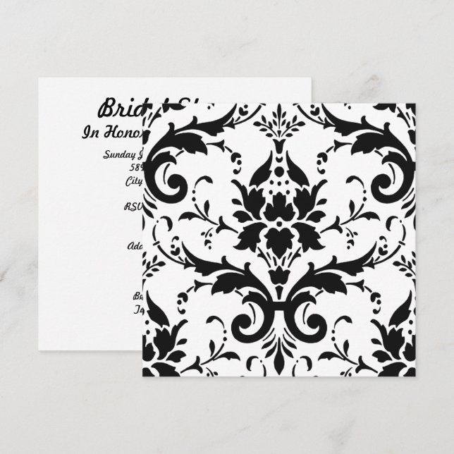 Black Damask & White Background Bridal Shower Inv Invitation (Front/Back)