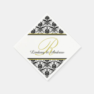 Black Damask White Gold Monogram Wedding Napkin