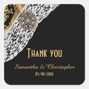 Black damask white lace pattern thank you square sticker