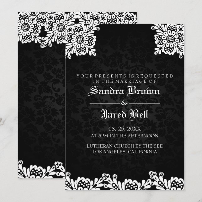 Black Damask White Lace Wedding Invitation (Front/Back)
