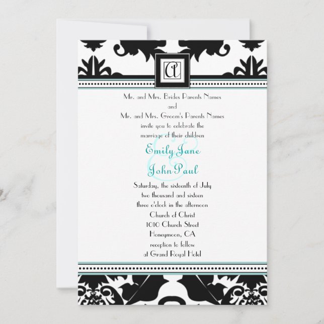Black Damask with Aqua Trim Wedding Invitation (Front)