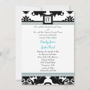 Black Damask with Aqua Trim Wedding Invitation