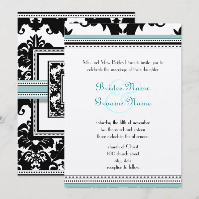 Black Damask with Aqua Trim Wedding Invitation (Front/Back)