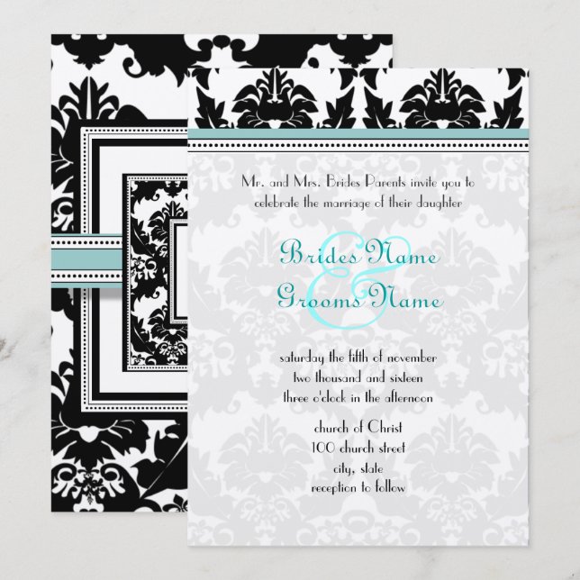 Black Damask with Aqua Trim Wedding Invitation (Front/Back)