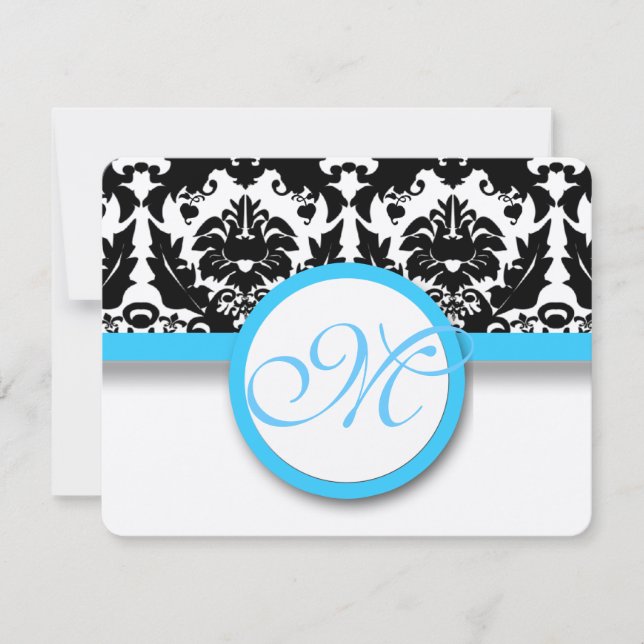 Black Damask  With Bright Aqua Blue Trim Wedding RSVP Card (Front)