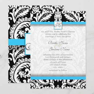 Black Damask with Bright Aqua Wedding Invitations