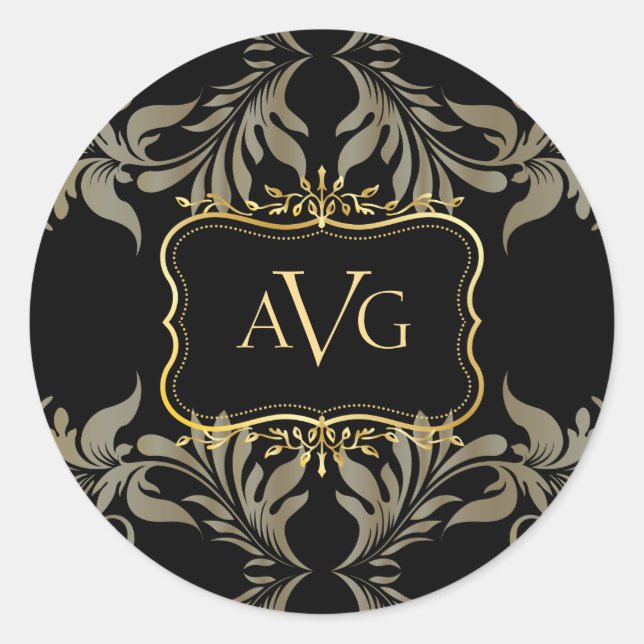 Black Damask with gold frame Classic Round Sticker (Front)
