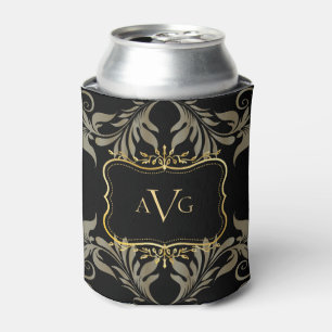Black Damask with gold frame monogram Can Cooler