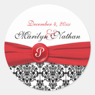 Black Damask with Poppy Red 1.5" Round Sticker