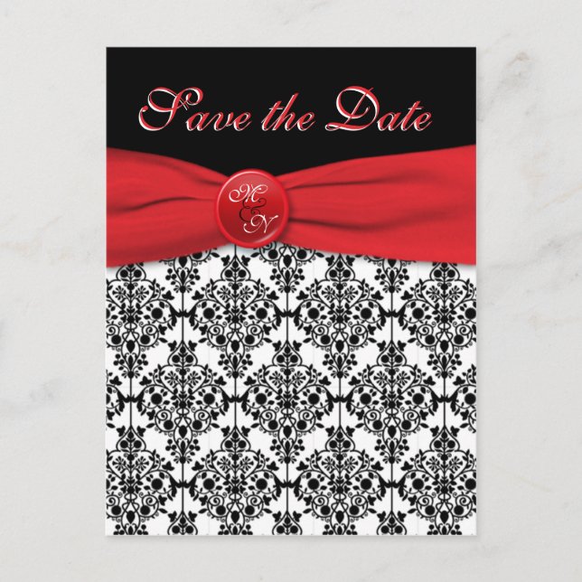 Black Damask with Poppy Red Save the Date Postcard (Front)