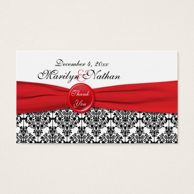 Black Damask with Poppy Red Wedding Favour Tag (Front)