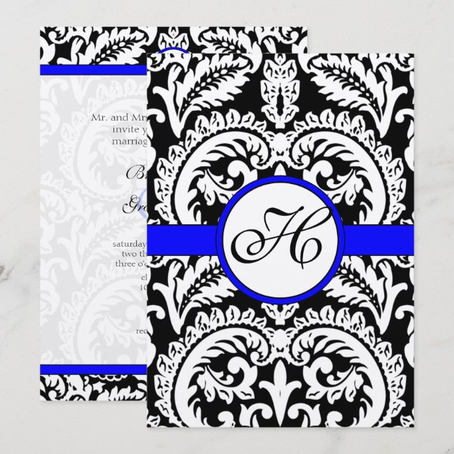 Black Damask with Royal Blue  Wedding Invitations (Front/Back)