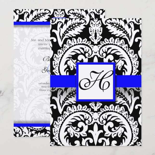 Black Damask with Royal Blue  Wedding Invitations (Front/Back)