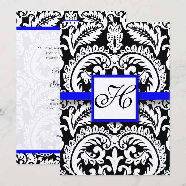 Black Damask with Royal Blue  Wedding Invitations (Front/Back)