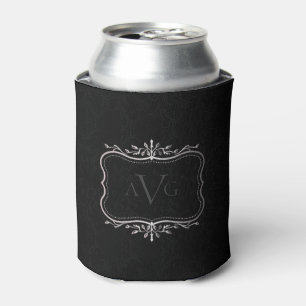 Black Damask with silver frame monogram Can Cooler
