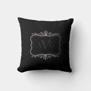 Black Damask with silver frame monogram Cushion