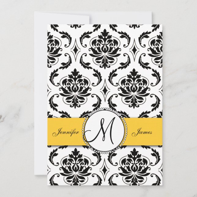 Black Damask Yellow Wedding 5 x 7 Invitation (Front)
