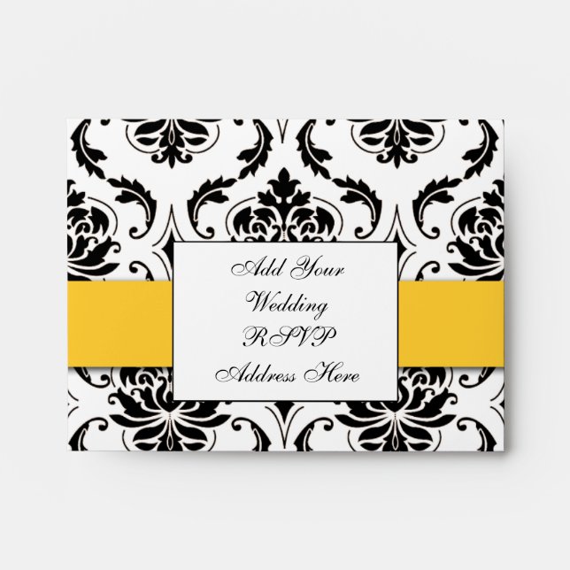 Black Damask Yellow Wedding RSVP A2 Envelope (Front)