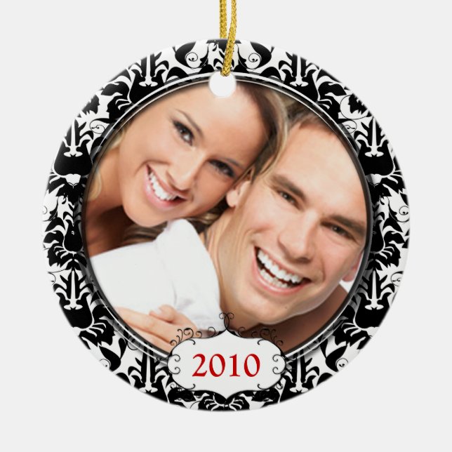 Black Damask Your Photo Christmas Ornament (Front)
