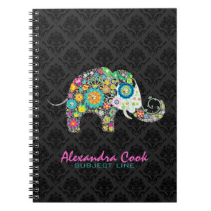 Black Damasks Colourful Floral Elephant Notebook